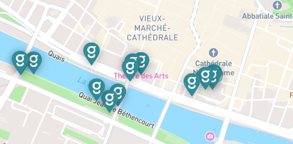 Map of central Rouen with Yougid story markers